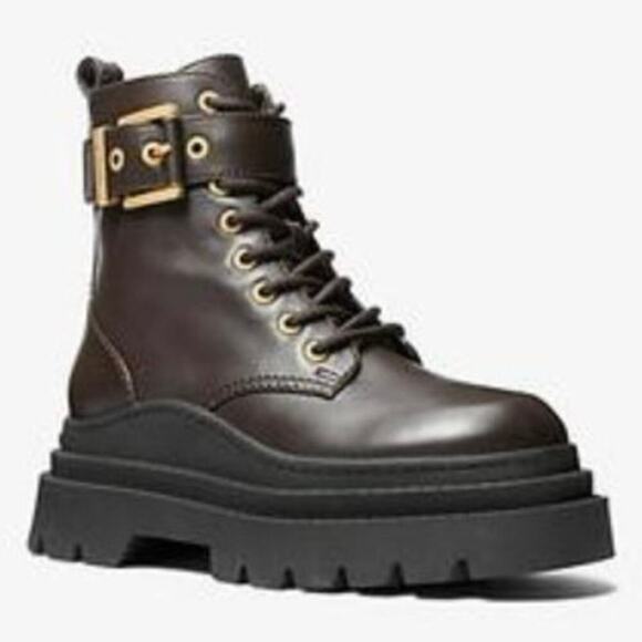 Michael Kors Colby Combat Bootie Chocolate Brown Leather Lug Sole US 9M NEW - Picture 1 of 16